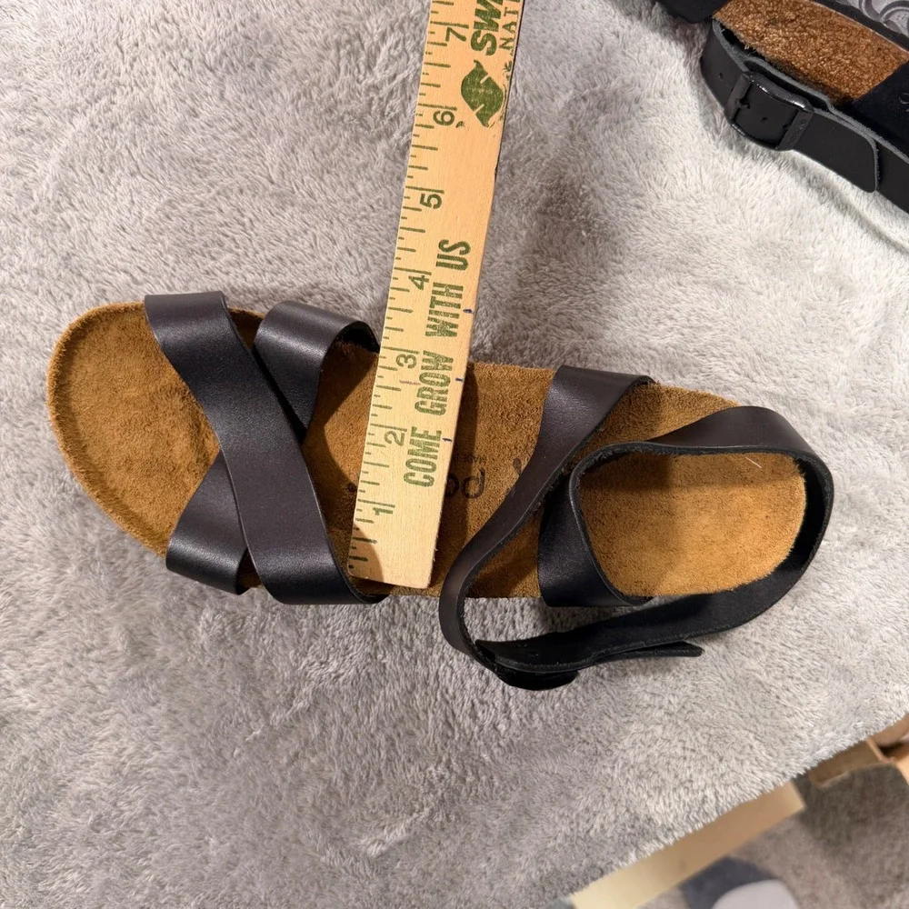 Papillio Birkenstock Wedge Sandals Womens 38 7 Black Strappy Lana Cork Heel
